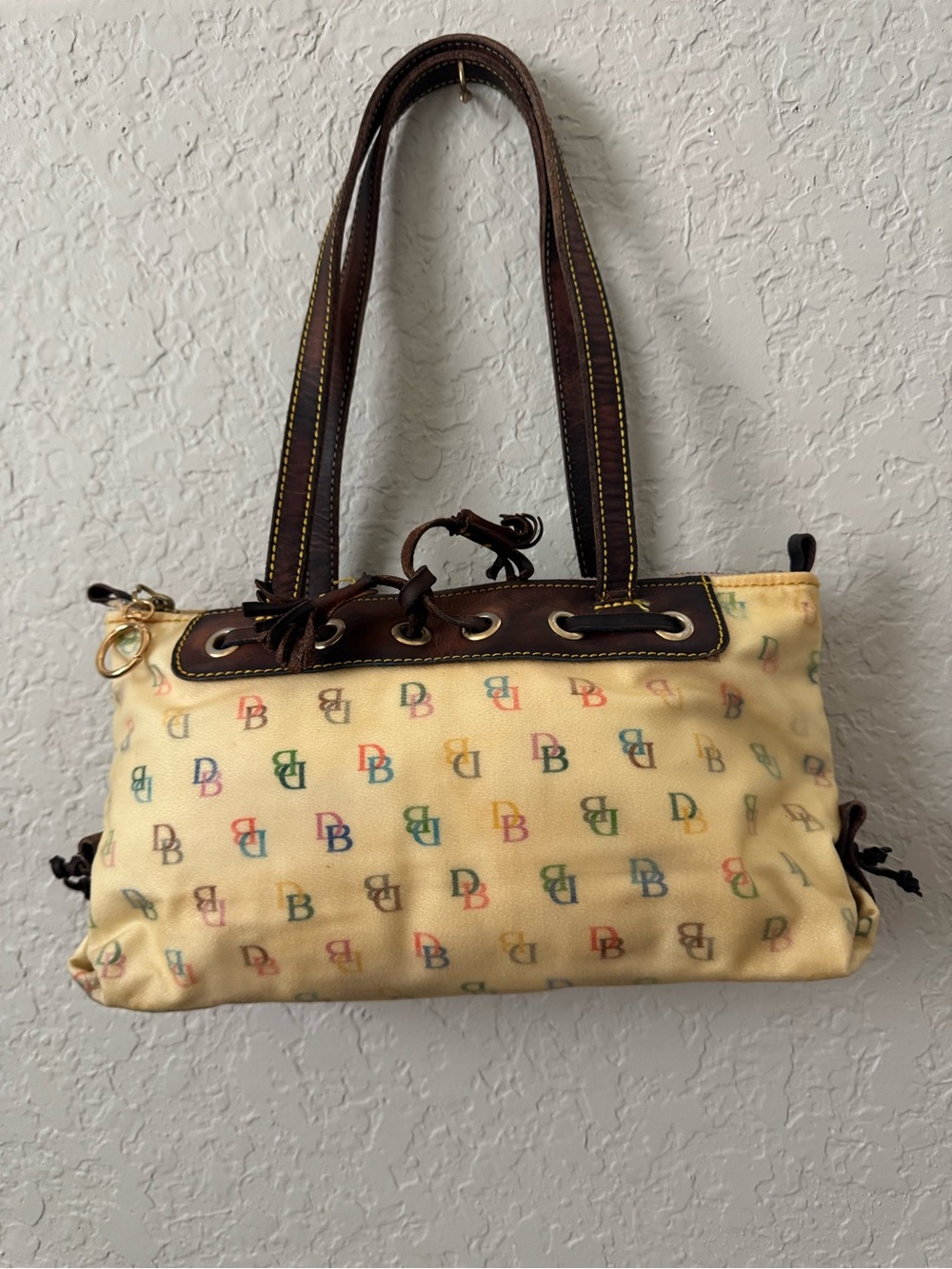 Dooney & Bourke Multicolor DB Logo Canvas Leather Shoulder Tote Bag Vintage Y2K